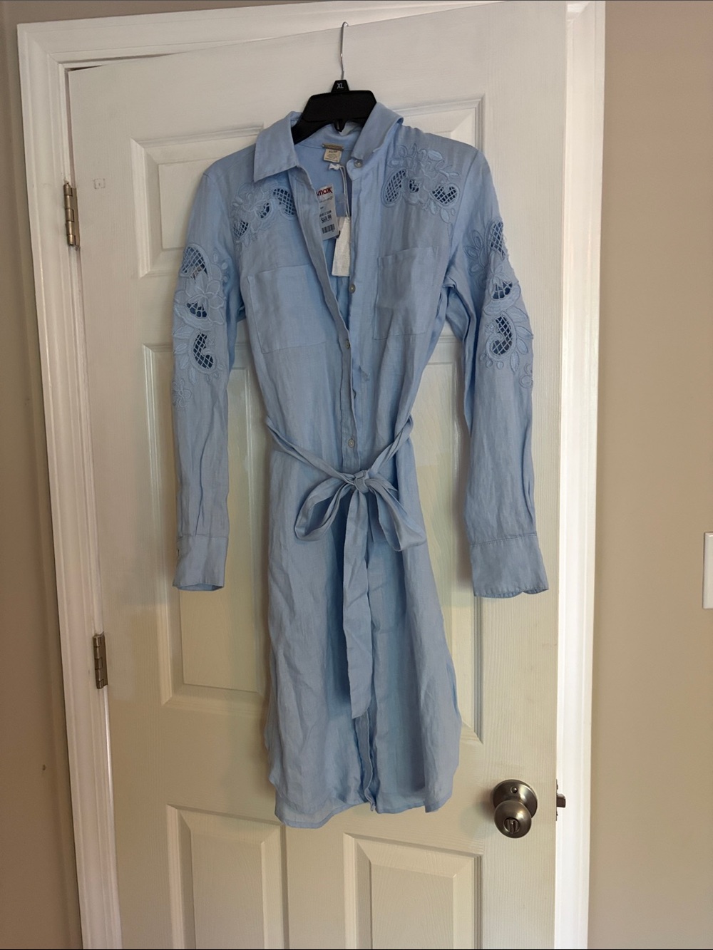 Magaschoni linen Light Blue Eyelet Tie-Waist Shirt Dress size xs